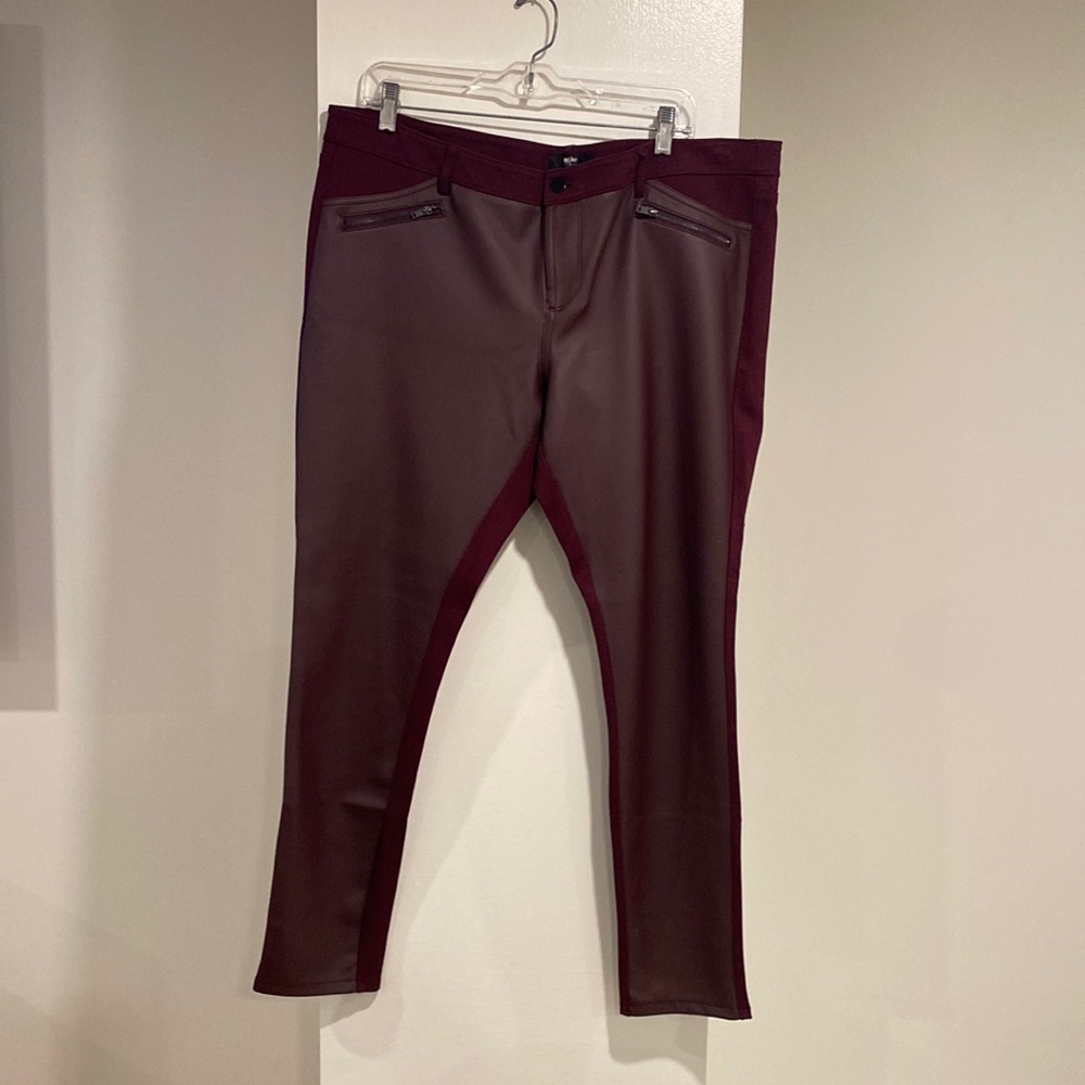 Mossino burgundy size 18 stretch faux leather on front and fabric back